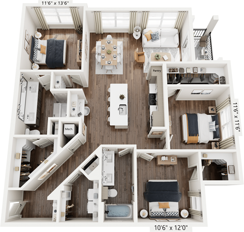 a 2103 sq ft apartment with a bedroom and a living room